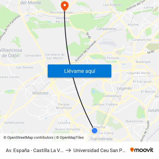 Av. España - Castilla La Vieja to Universidad Ceu San Pablo map