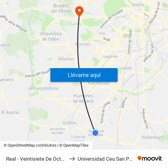 Real - Veintisiete De Octubre to Universidad Ceu San Pablo map
