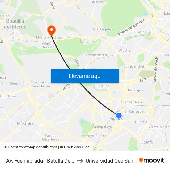 Av. Fuenlabrada - Batalla De Brunete to Universidad Ceu San Pablo map