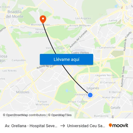 Av. Orellana - Hospital Severo Ochoa to Universidad Ceu San Pablo map