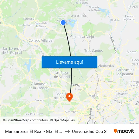 Manzanares El Real - Gta. El Montañero to Universidad Ceu San Pablo map