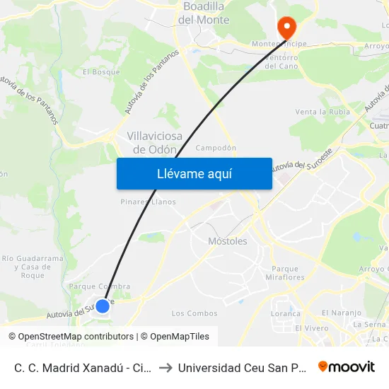 C. C. Madrid Xanadú - Cines to Universidad Ceu San Pablo map