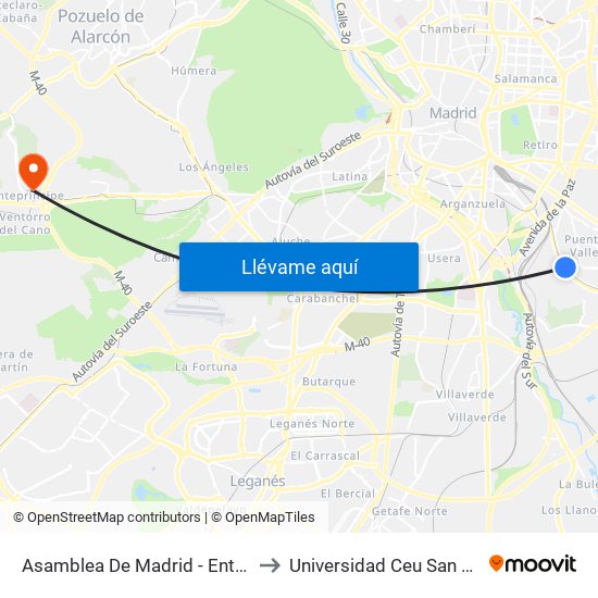 Asamblea De Madrid - Entrevías to Universidad Ceu San Pablo map