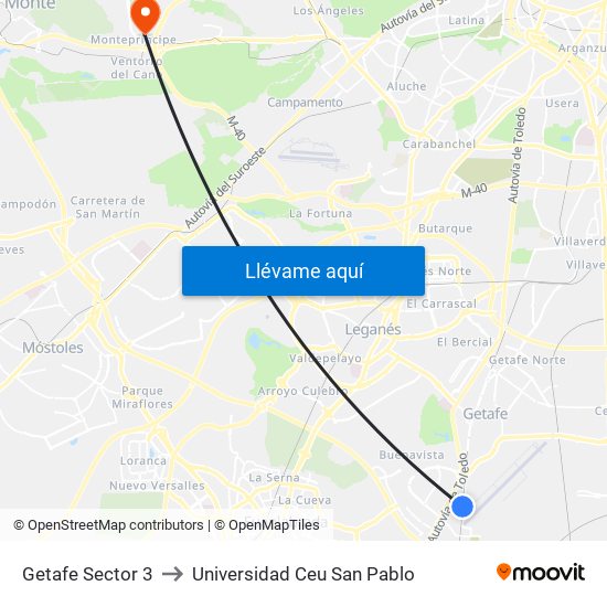 Getafe Sector 3 to Universidad Ceu San Pablo map