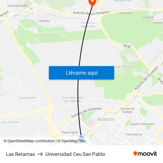 Las Retamas to Universidad Ceu San Pablo map