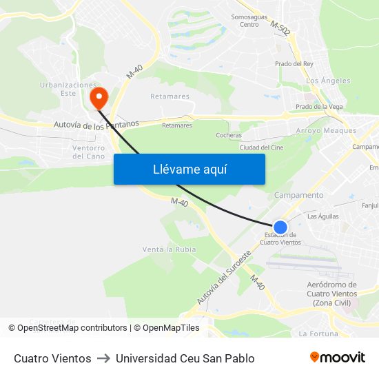 Cuatro Vientos to Universidad Ceu San Pablo map