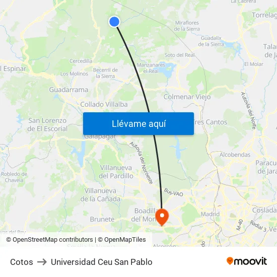 Los Cotos to Universidad Ceu San Pablo map