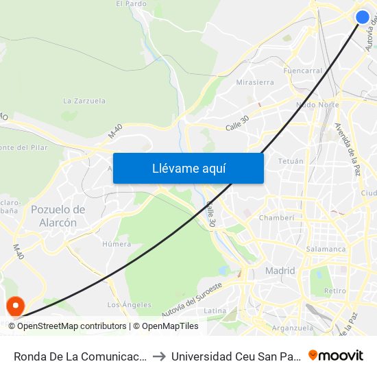 Ronda De La Comunicación to Universidad Ceu San Pablo map