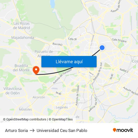 Arturo Soria to Universidad Ceu San Pablo map