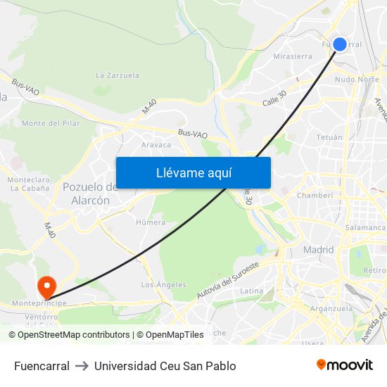 Fuencarral to Universidad Ceu San Pablo map