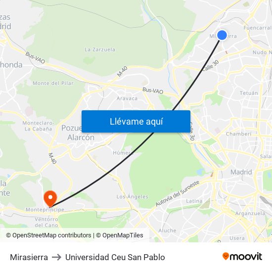 Mirasierra to Universidad Ceu San Pablo map