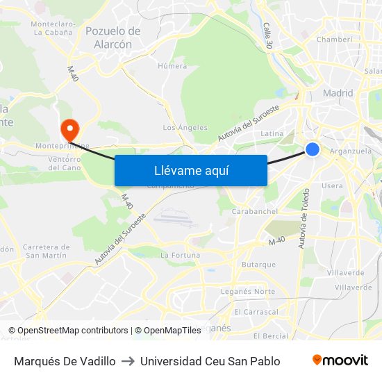 Marqués De Vadillo to Universidad Ceu San Pablo map