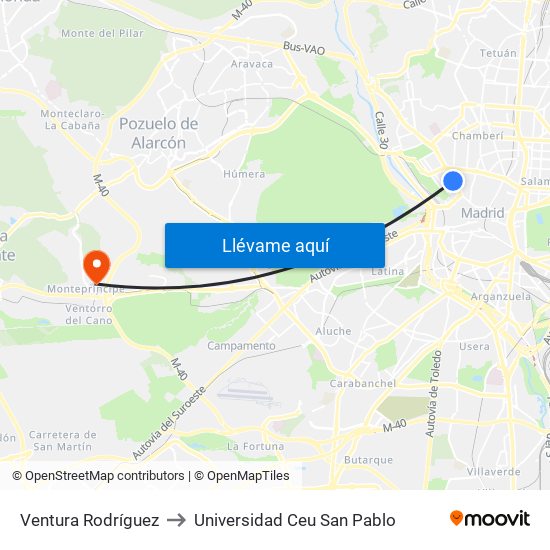 Ventura Rodríguez to Universidad Ceu San Pablo map