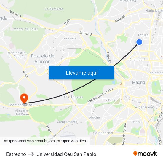 Estrecho to Universidad Ceu San Pablo map