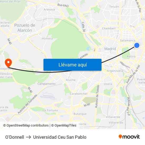 O'Donnell to Universidad Ceu San Pablo map