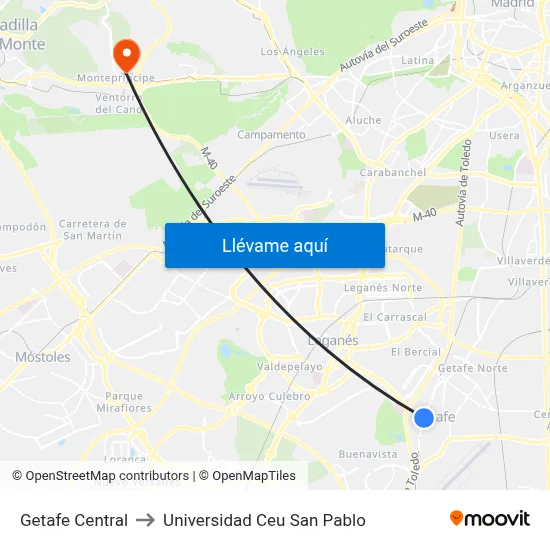 Getafe Central to Universidad Ceu San Pablo map