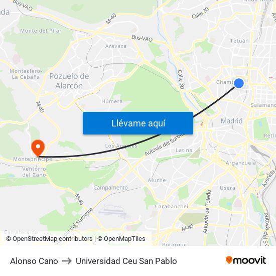 Alonso Cano to Universidad Ceu San Pablo map