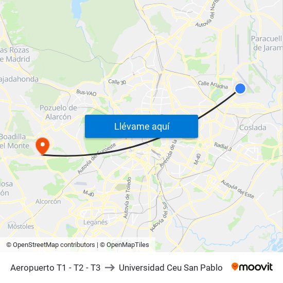 Aeropuerto T1 - T2 - T3 to Universidad Ceu San Pablo map