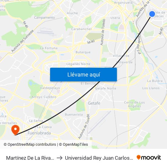 Martínez De La Riva - Puerto Bonaigua to Universidad Rey Juan Carlos - Campus De Fuenlabrada map