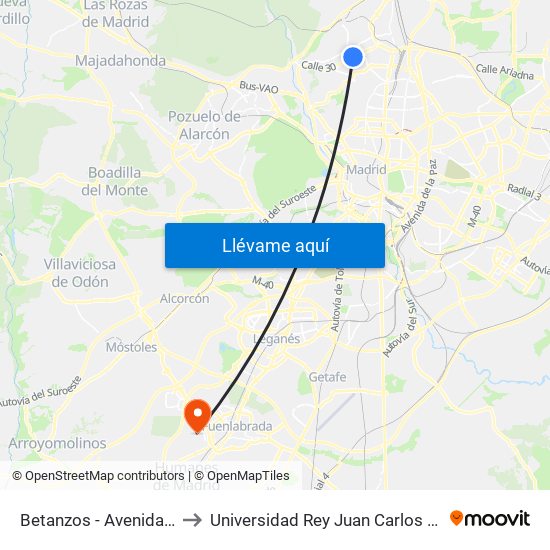Betanzos - Avenida De La Ilustración to Universidad Rey Juan Carlos - Campus De Fuenlabrada map