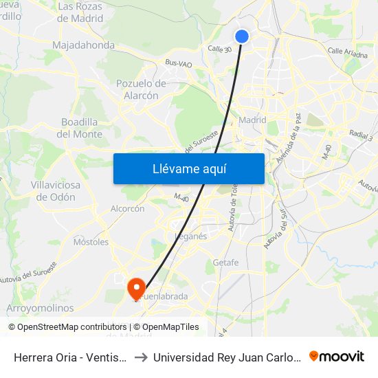 Herrera Oria - Ventisquero De La Condesa to Universidad Rey Juan Carlos - Campus De Fuenlabrada map