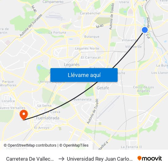 Carretera De Vallecas - Avenida Rosales to Universidad Rey Juan Carlos - Campus De Fuenlabrada map