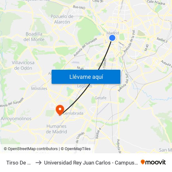 Tirso De Molina to Universidad Rey Juan Carlos - Campus De Fuenlabrada map