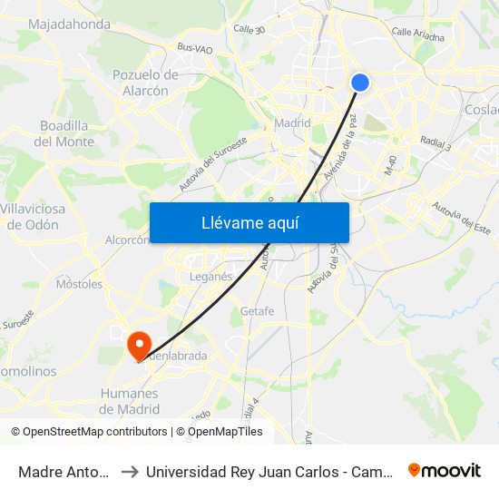 Madre Antonia París to Universidad Rey Juan Carlos - Campus De Fuenlabrada map