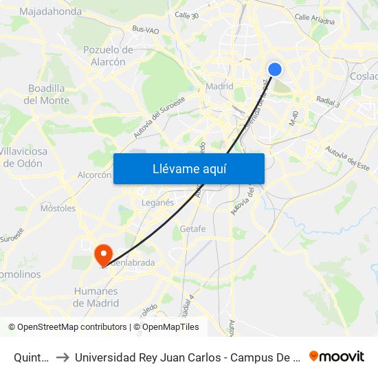Quintana to Universidad Rey Juan Carlos - Campus De Fuenlabrada map