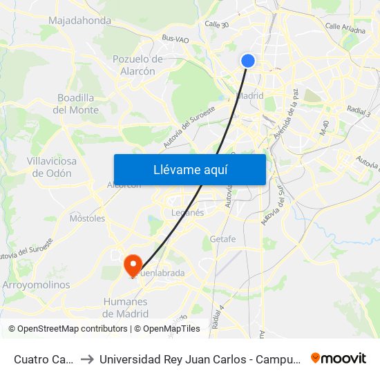 Cuatro Caminos to Universidad Rey Juan Carlos - Campus De Fuenlabrada map