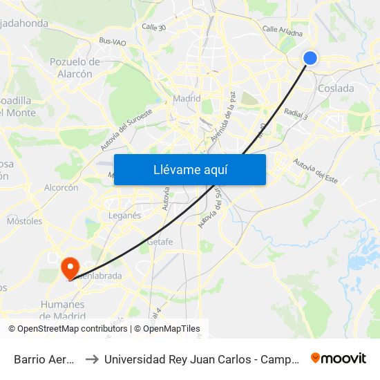 Barrio Aeropuerto to Universidad Rey Juan Carlos - Campus De Fuenlabrada map