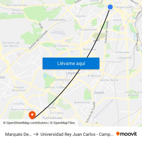 Marqués De Vadillo to Universidad Rey Juan Carlos - Campus De Fuenlabrada map