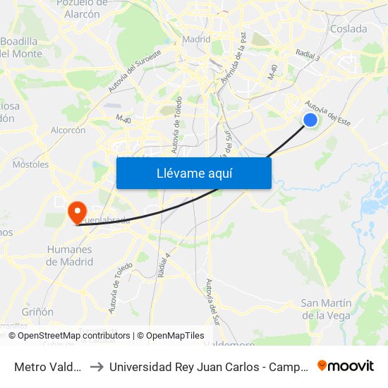 Metro Valdecarros to Universidad Rey Juan Carlos - Campus De Fuenlabrada map
