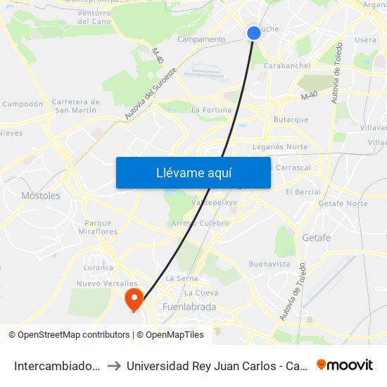 Intercambiador De Aluche to Universidad Rey Juan Carlos - Campus De Fuenlabrada map