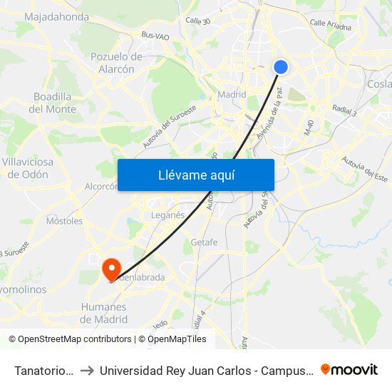 Tanatorio M-30 to Universidad Rey Juan Carlos - Campus De Fuenlabrada map