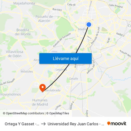 Ortega Y Gasset - Claudio Coello to Universidad Rey Juan Carlos - Campus De Fuenlabrada map