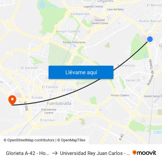Glorieta A-42 - Hospital De Getafe to Universidad Rey Juan Carlos - Campus De Fuenlabrada map