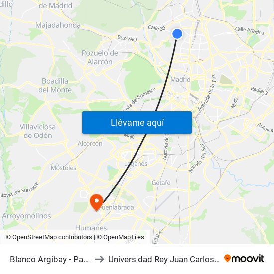 Blanco Argibay - Paseo De La Dirección to Universidad Rey Juan Carlos - Campus De Fuenlabrada map