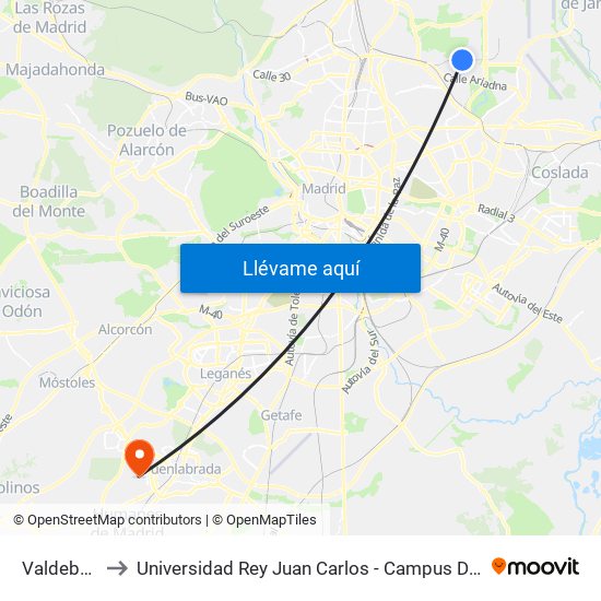 Valdebebas to Universidad Rey Juan Carlos - Campus De Fuenlabrada map