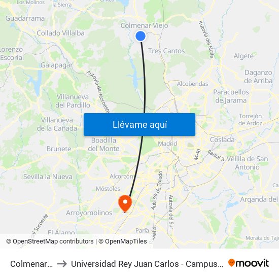 Colmenar Viejo to Universidad Rey Juan Carlos - Campus De Fuenlabrada map