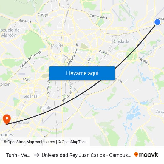 Turín - Veredilla to Universidad Rey Juan Carlos - Campus De Fuenlabrada map