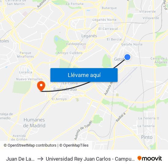 Juan De La Cierva to Universidad Rey Juan Carlos - Campus De Fuenlabrada map