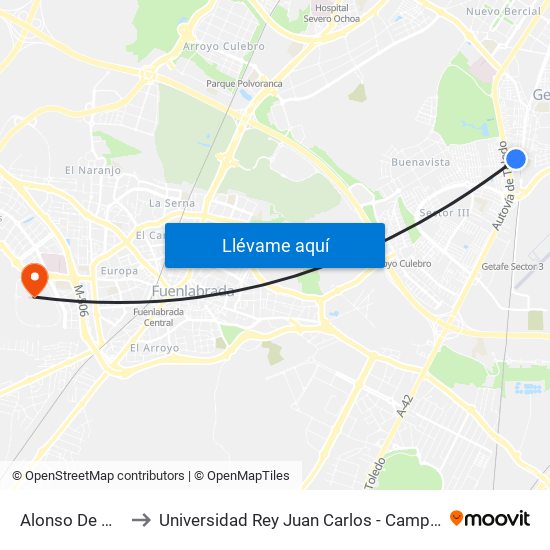 Alonso De Mendoza to Universidad Rey Juan Carlos - Campus De Fuenlabrada map