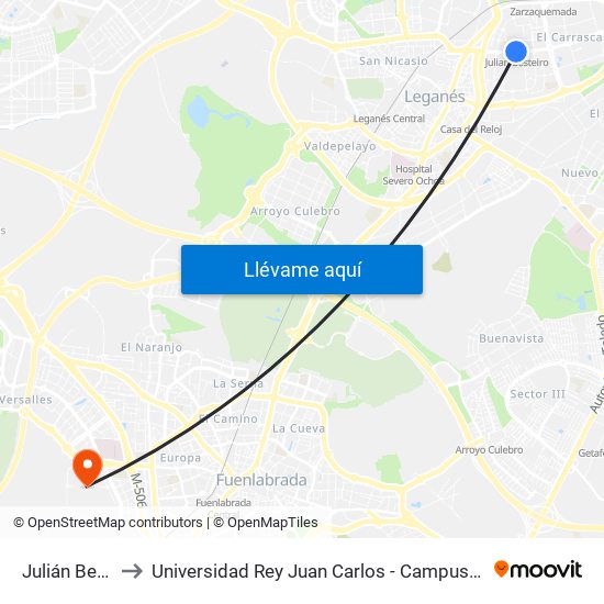 Julián Besteiro to Universidad Rey Juan Carlos - Campus De Fuenlabrada map