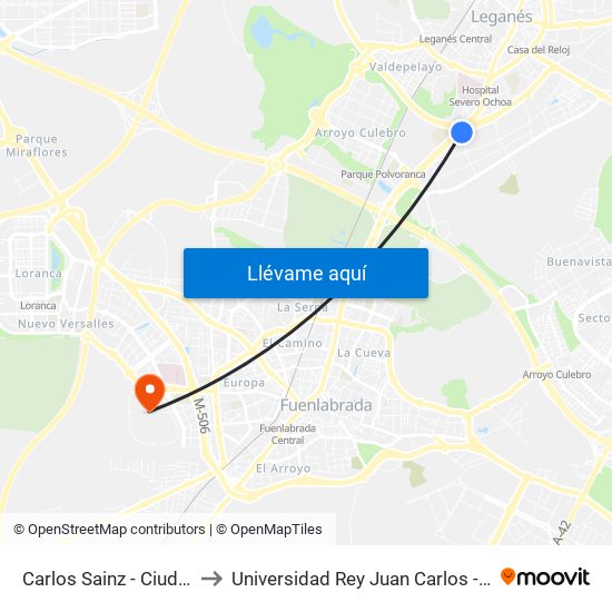 Carlos Sainz - Ciudad Del Automóvil to Universidad Rey Juan Carlos - Campus De Fuenlabrada map