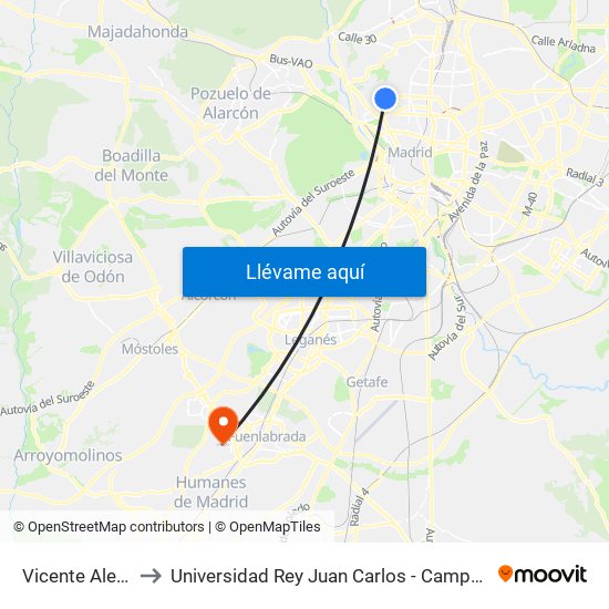 Vicente Aleixandre to Universidad Rey Juan Carlos - Campus De Fuenlabrada map