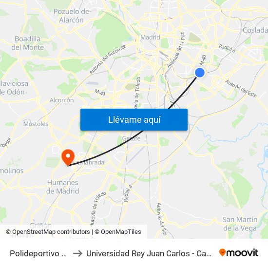 Polideportivo Palomeras to Universidad Rey Juan Carlos - Campus De Fuenlabrada map