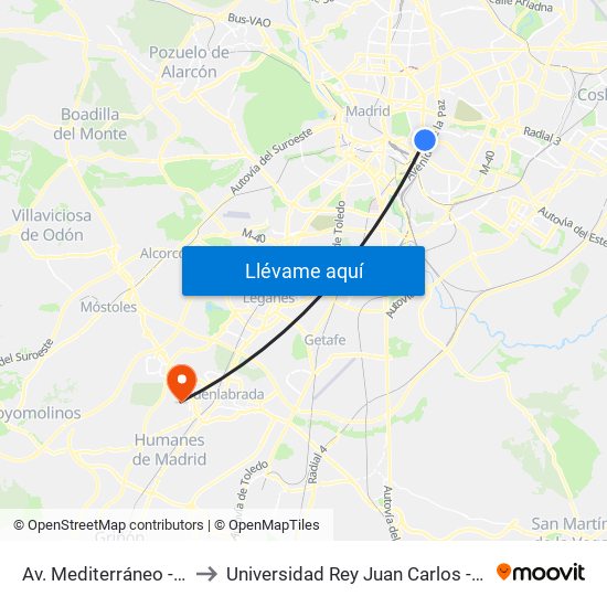 Av. Mediterráneo - Conde De Casal to Universidad Rey Juan Carlos - Campus De Fuenlabrada map