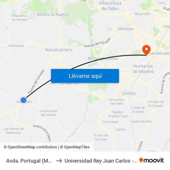 Avda. Portugal (Madrid), Valmojado to Universidad Rey Juan Carlos - Campus De Fuenlabrada map