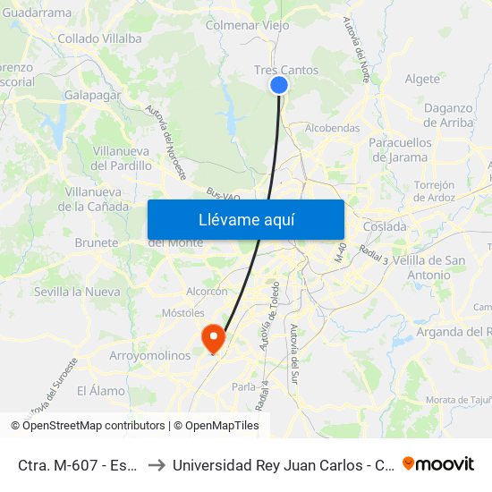 Ctra. M-607 - Est. Tres Cantos to Universidad Rey Juan Carlos - Campus De Fuenlabrada map